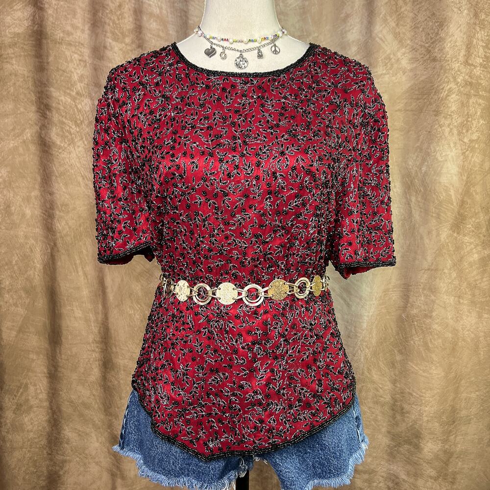 Vintage Renaissance Top Beaded Medieval 90s Red Floral Vine Silk Whimsigoth